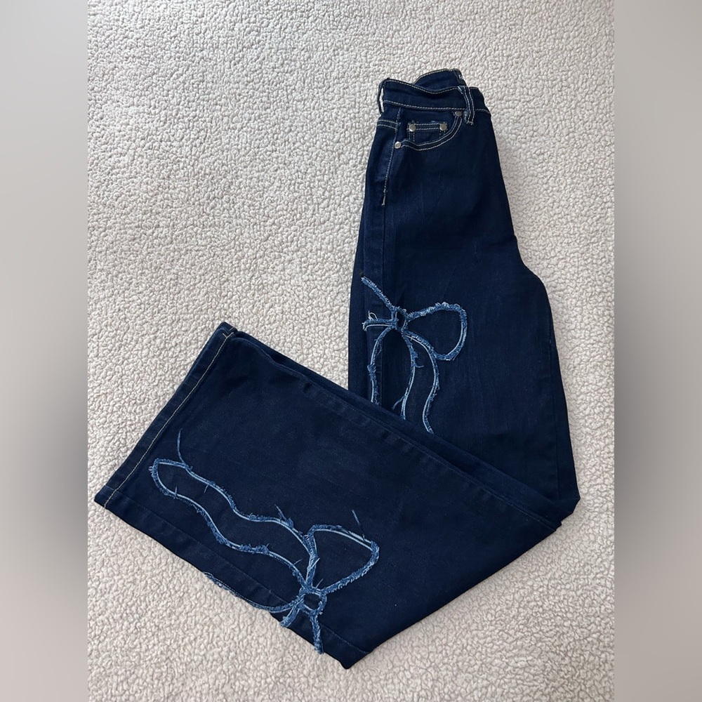 Fashion Nova Dark Blue Bootcut Jeans with Embroidered Tie Detail